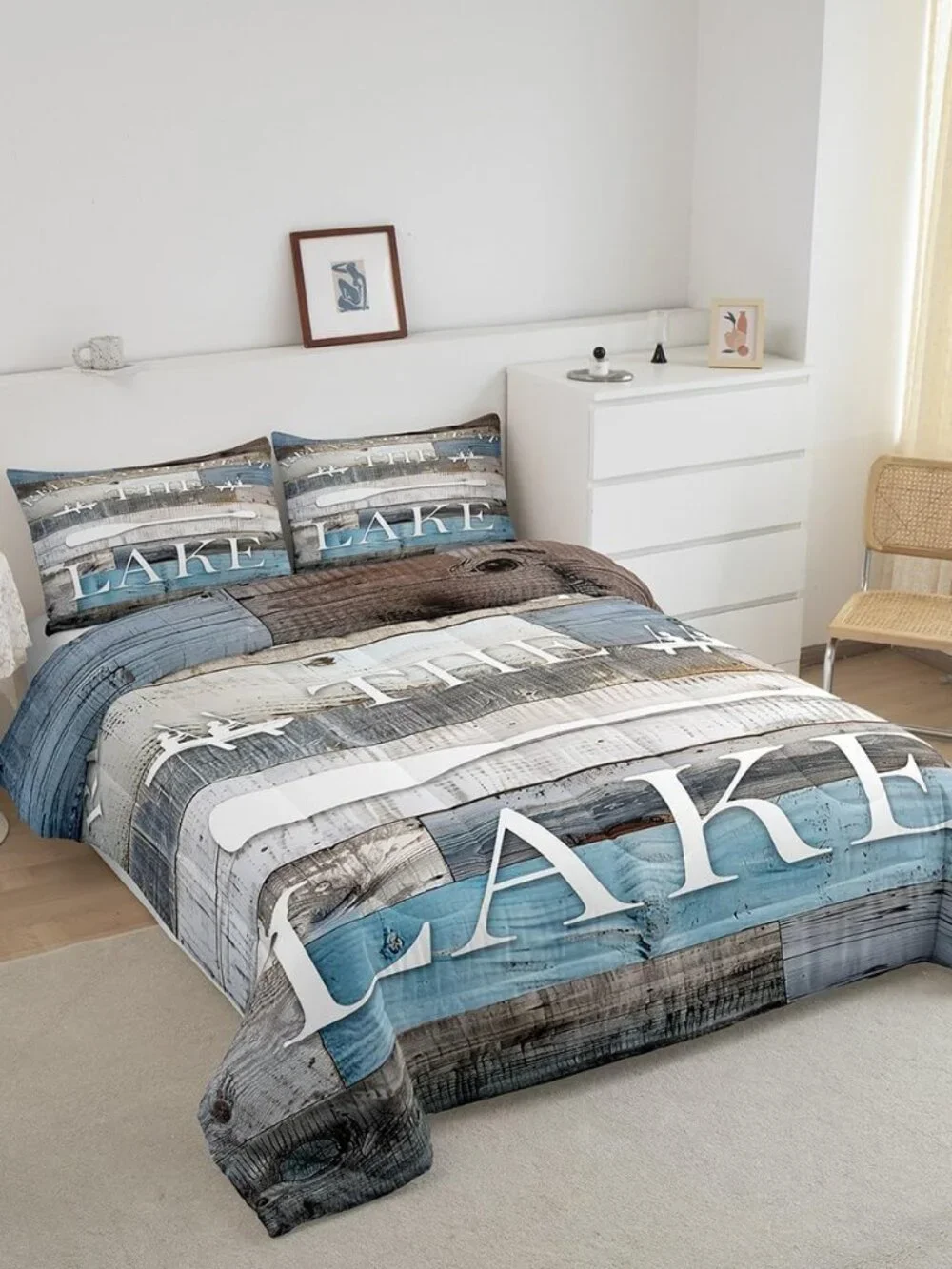 Rustic Farmhouse Comforter Set Lake Cabin Bedding Set King Size Blue Grey Retro